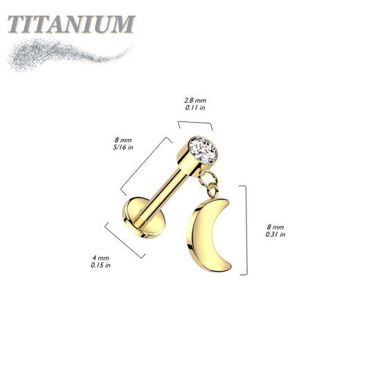 Threadless Titanium Round Bezel with Dangle Crescent Moon Labret Combo