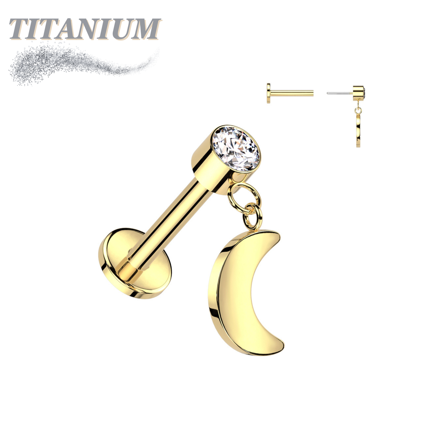 Threadless Titanium Round Bezel with Dangle Crescent Moon Labret Combo