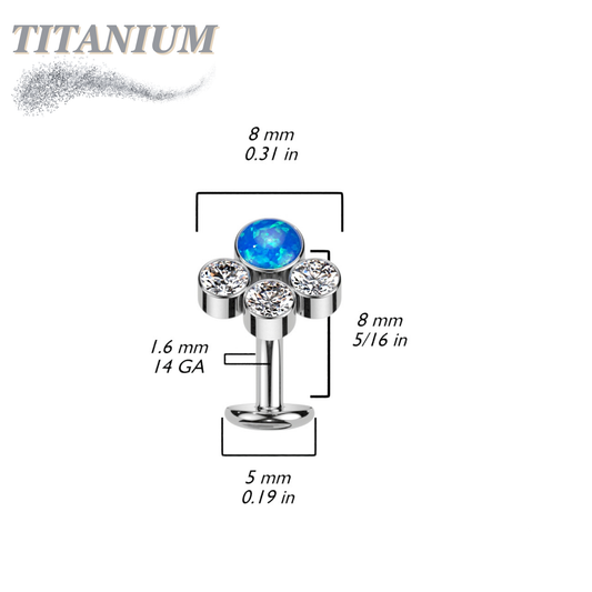 Titanium Threadless Floating Belly Ring with Opal Centre and 3 Bezel CZ Top