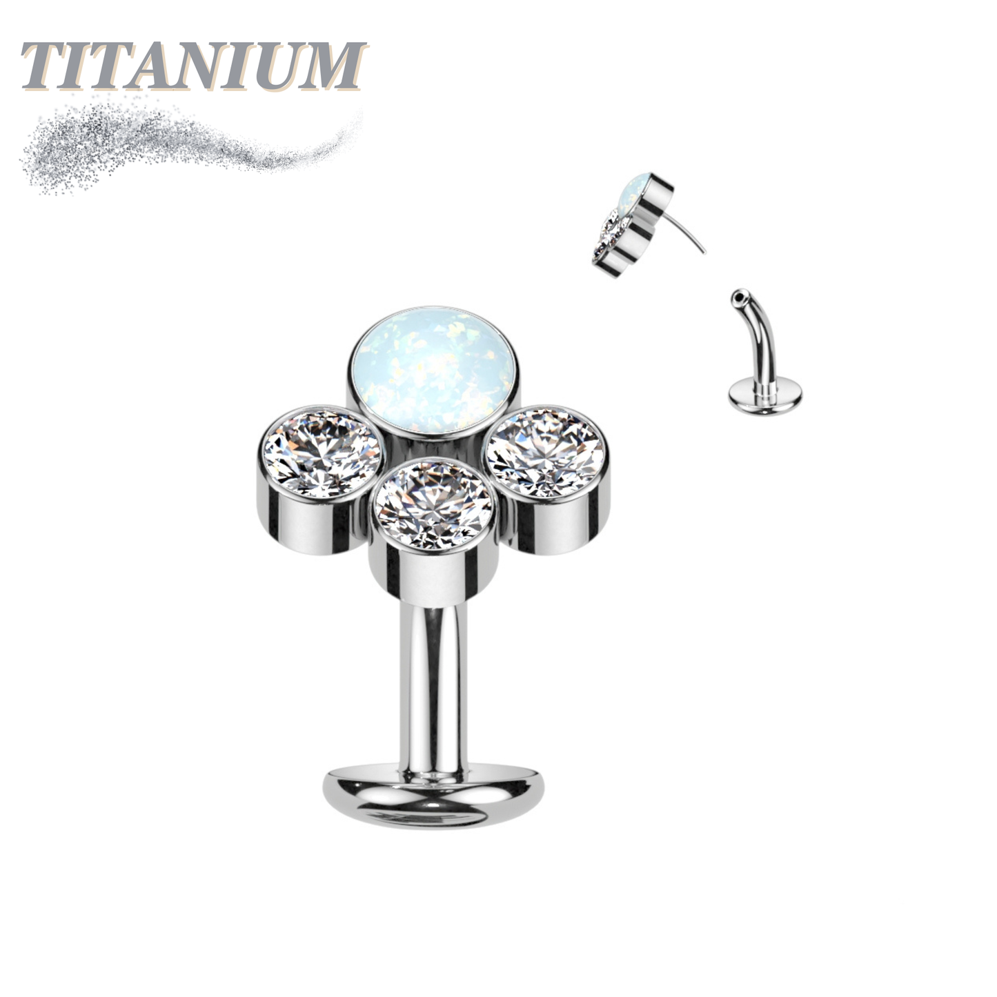 Titanium Threadless Floating Belly Ring with Opal Centre and 3 Bezel CZ Top