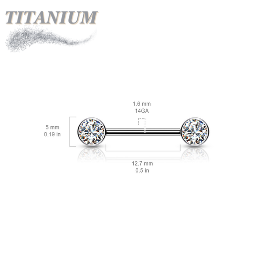 Titanium Threadless Nipple Barbell with Forward Facing CZ Bezel Set Ends