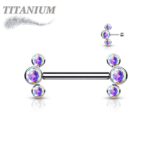 Threadless Titanium Nipple Barbell with 3 Bezel Set CZ Curved Ends