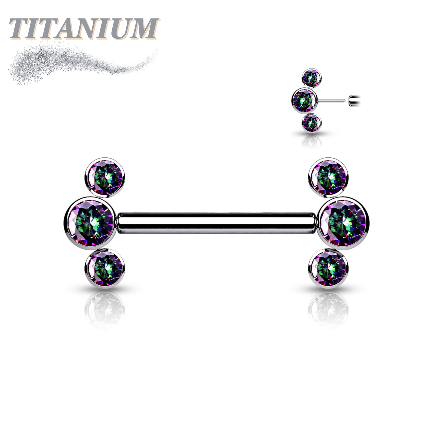 Threadless Titanium Nipple Barbell with 3 Bezel Set CZ Curved Ends