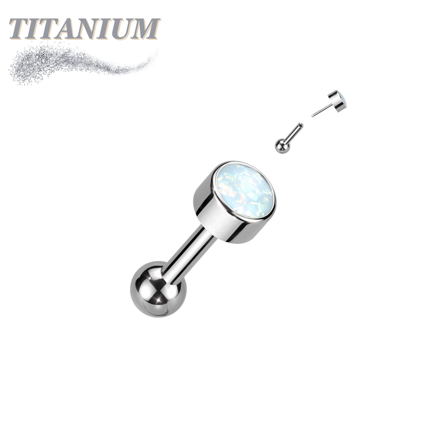 Threadless Titanium Cartilage Barbell with Premium Round Bezel Set Opal