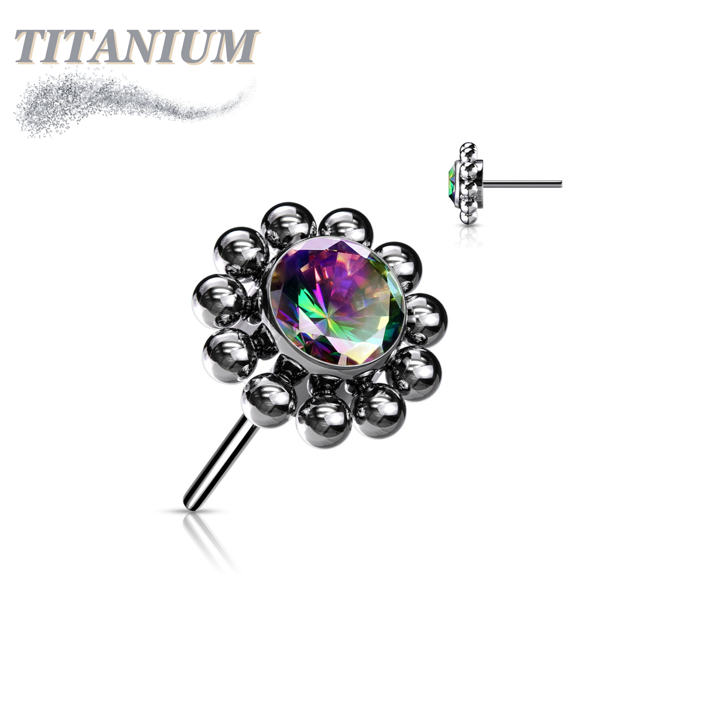 Threadless Titanium Flower Top Only with Center CZ and Surrounding Ball Cluster