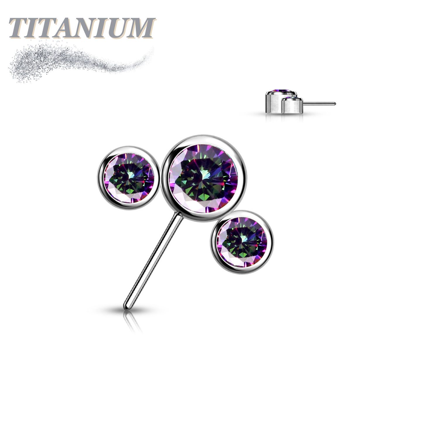 Threadless Front Facing 3 CZ Bezel Curve Top Only