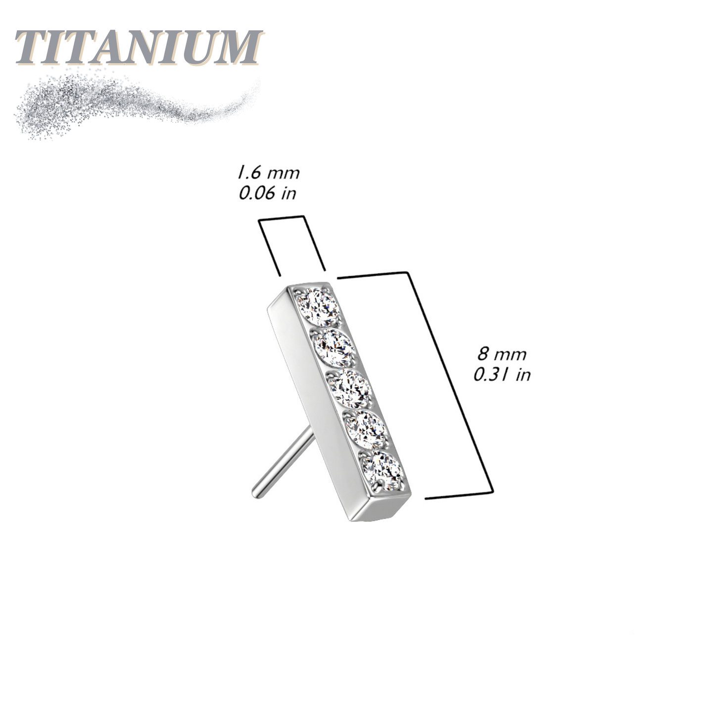 Titanium Threadless 5 CNC Set CZ Lined Straight Bar Top Only
