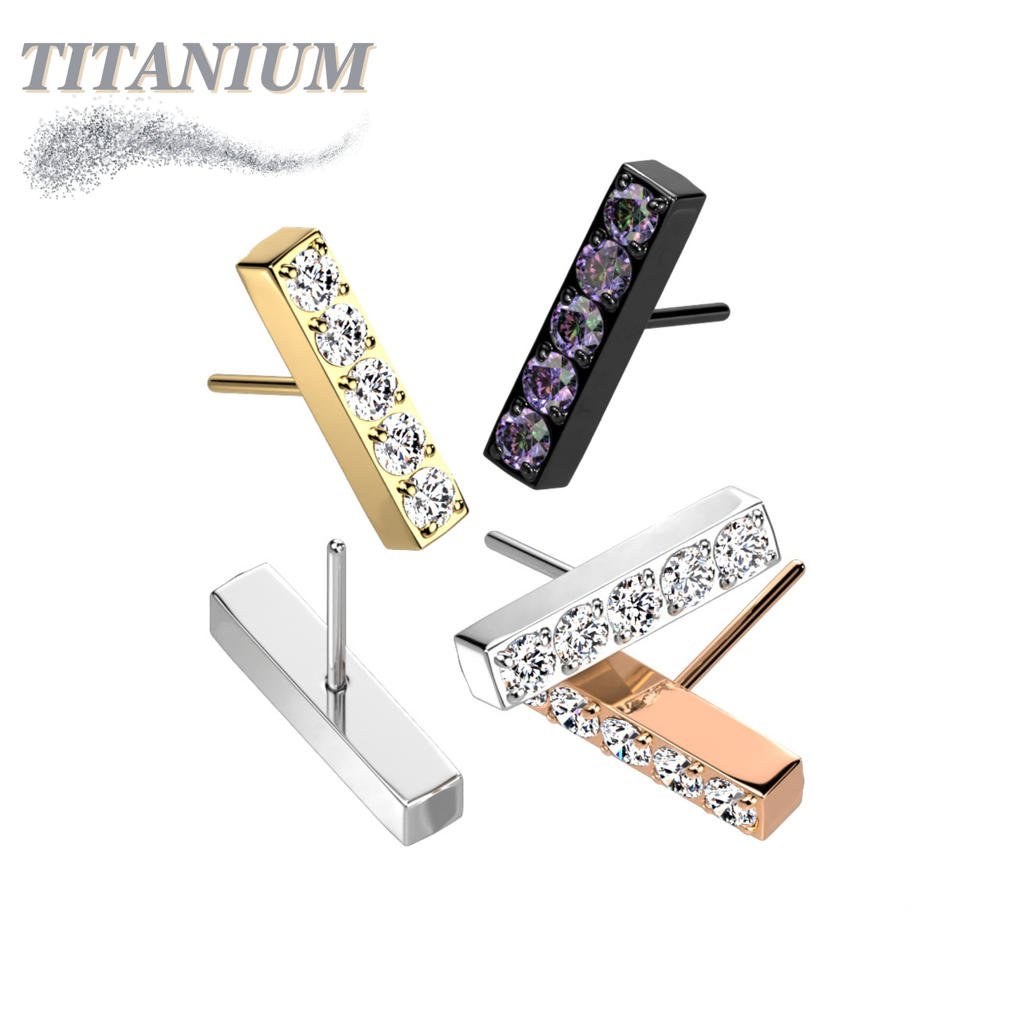 Titanium Threadless 5 CNC Set CZ Lined Straight Bar Top Only