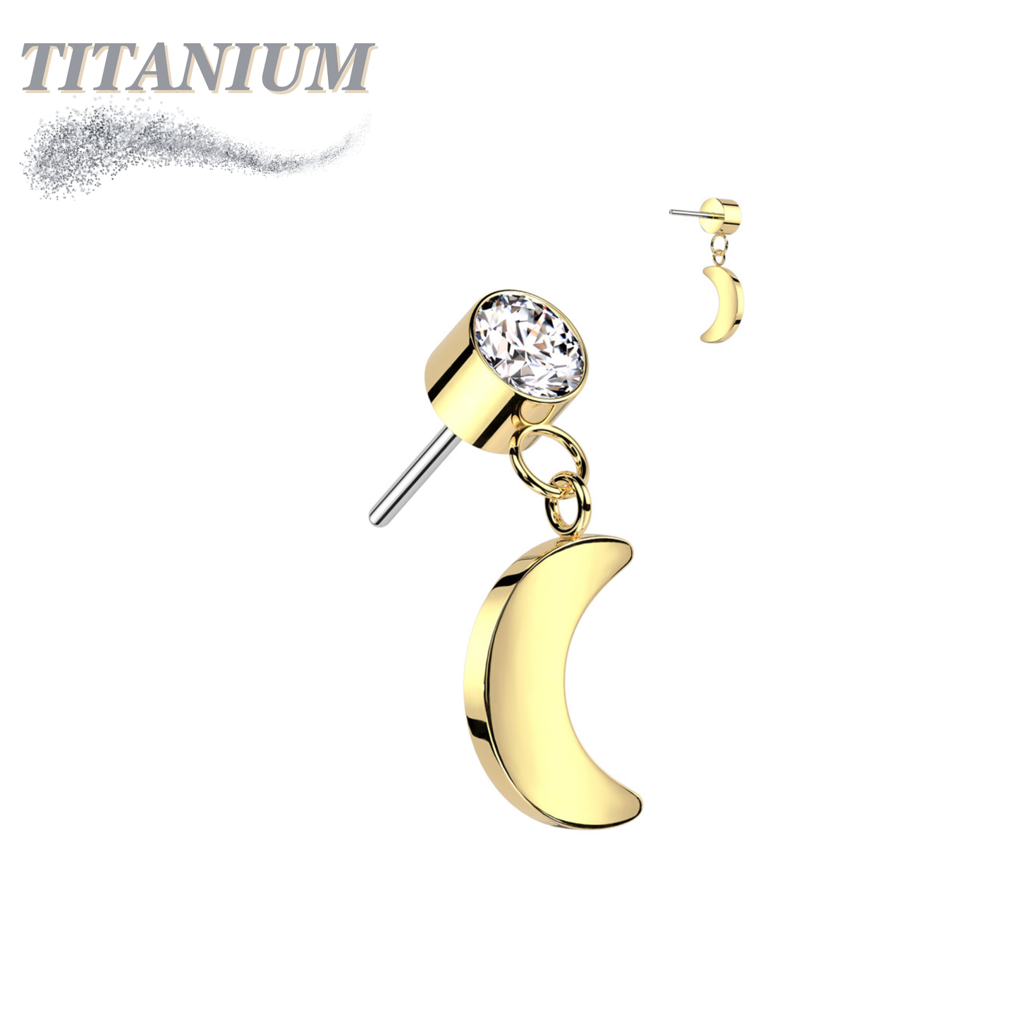 Threadless Titanium Round Bezel with Dangle Crescent Moon Top Only