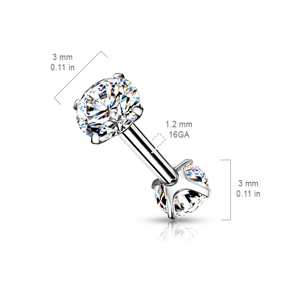 Surgical Steel 16G Barbell with Internally Threaded CZ Prong Ends