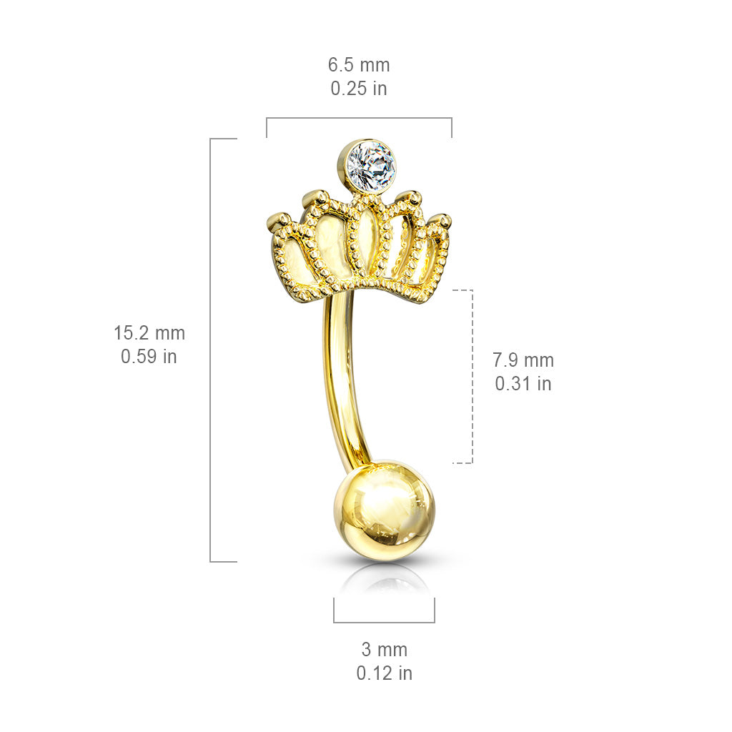 Surgical Steel Curved Barbell with Crown Crystal Feature External Thread