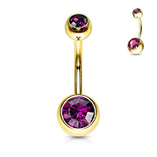Gold Plated over Surgical Steel Double Jewel Belly Ring External Thread