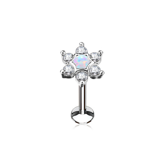 Opal Centre CZ Flower Top Internal Thread Surgical Steel Labret