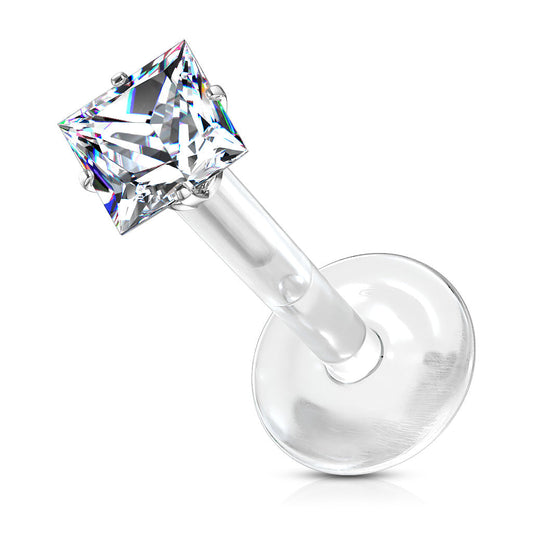 Threadless Acrylic Flat Back Labret Combo with Surgical Steel Prong Set Square CZ Push In Top