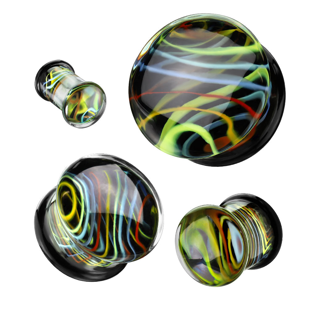 Double Flare Glass Rainbow Swirl/Black Plug