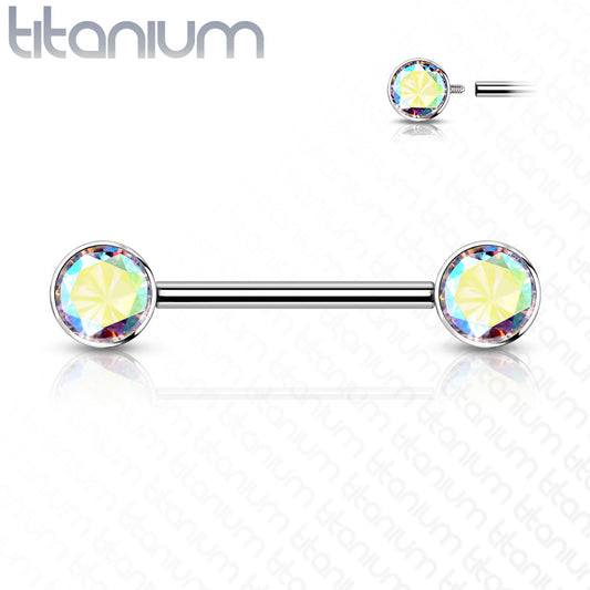 Titanium Nipple Barbell with Front Facing CZ Bezel Set Internally Threaded Ends