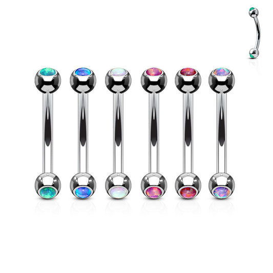 Surgical Steel Curved Barbell with Opal Bezel Set Externally Threaded Ends