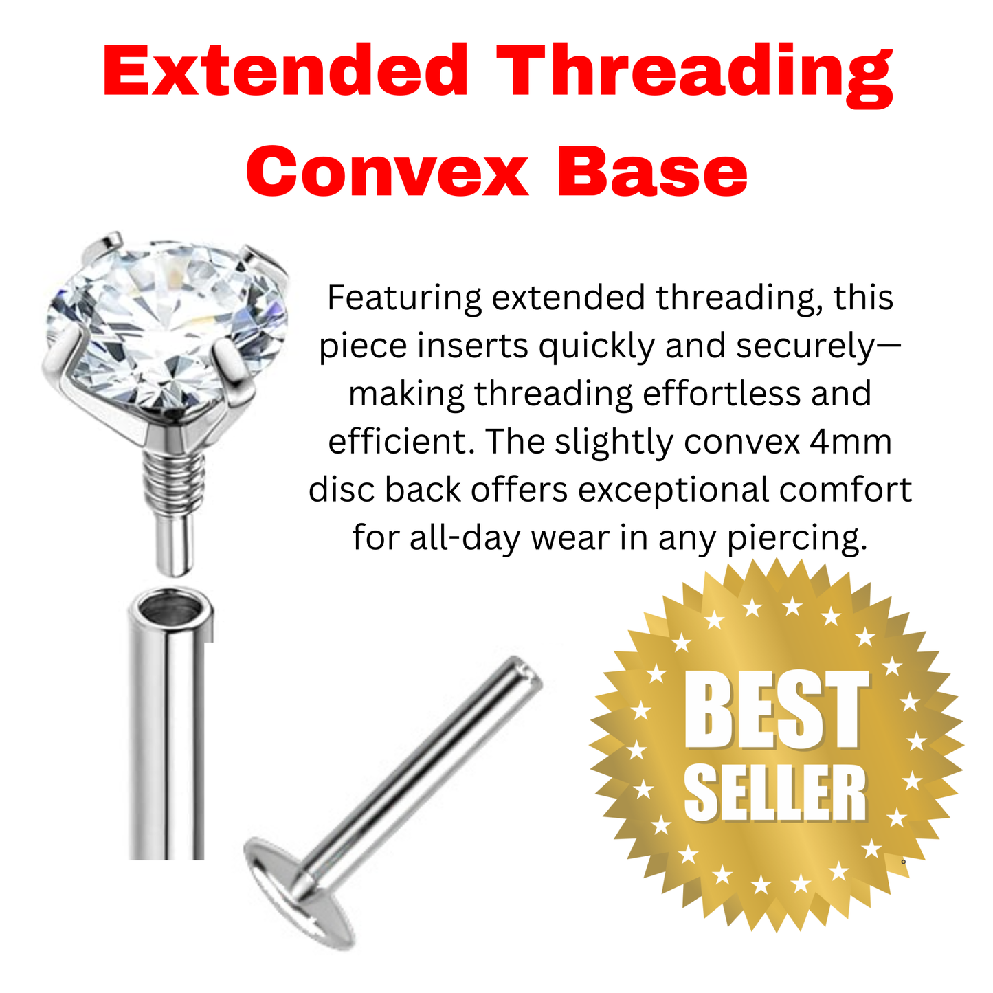 EASY FIT Titanium Internal Thread Prong CZ Labret with Extended Threading