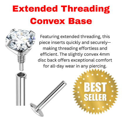 EASY FIT Titanium Internal Thread Prong CZ Labret with Extended Threading