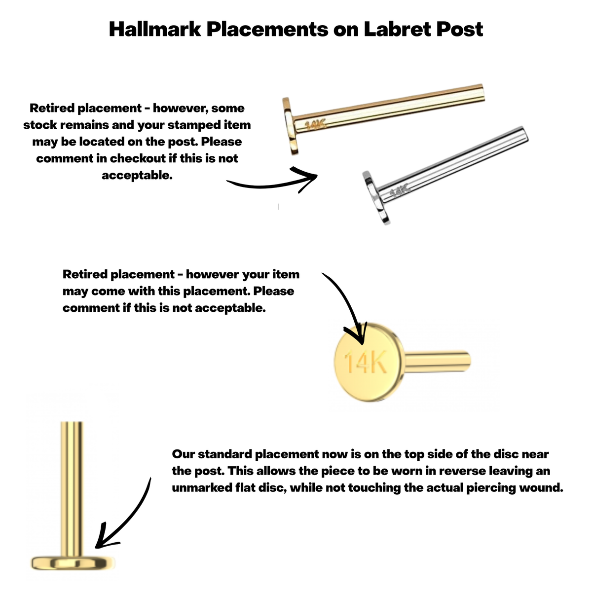 14K Gold Threadless Labret Flat Back Stud Post Only