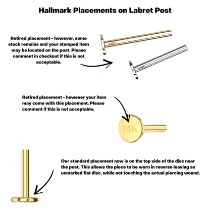 14K Gold Threadless Labret Flat Back Stud Post Only