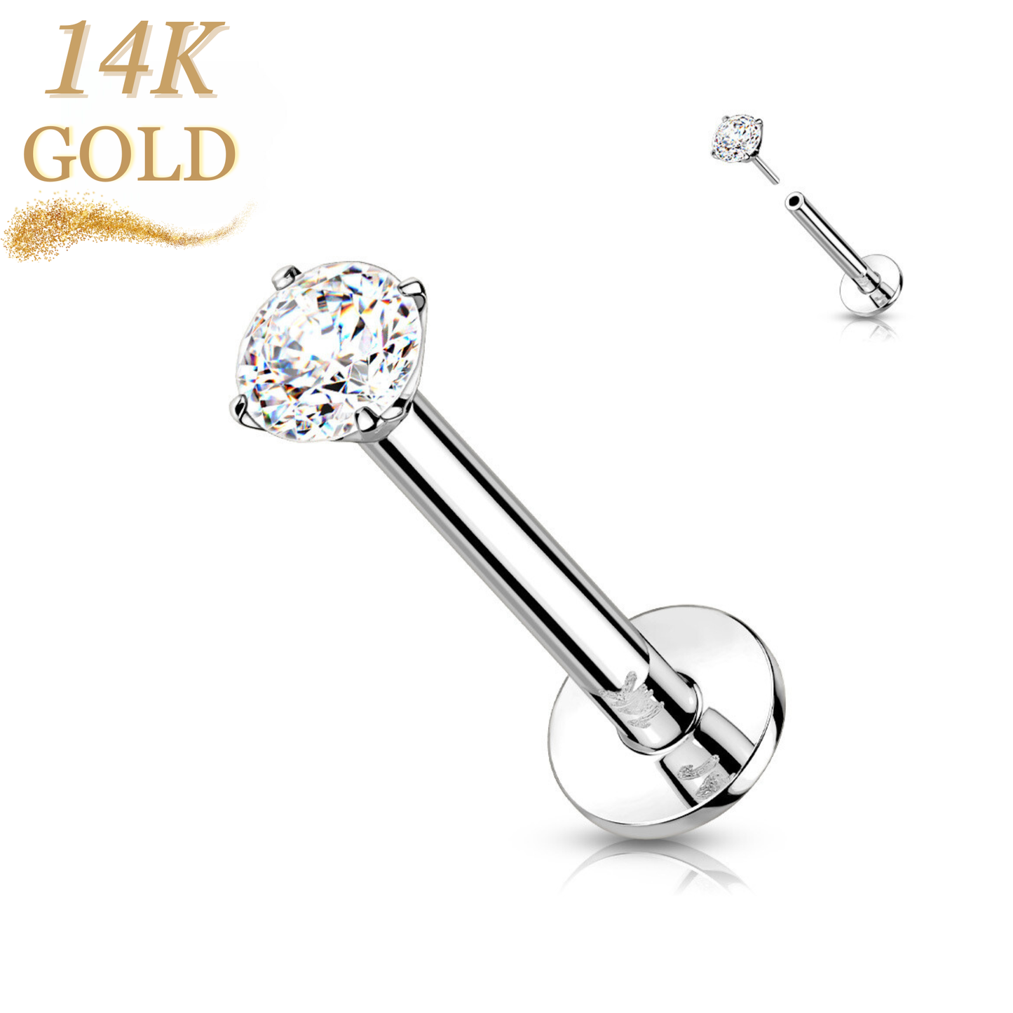 14K Gold Threadless Labret Combo with Prong CZ Top