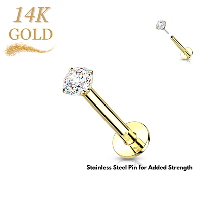 14K Gold Threadless Labret Combo with Prong CZ Top