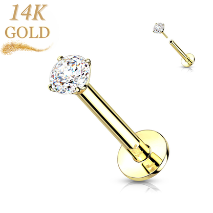 14K Gold Threadless Labret Combo with Prong CZ Top