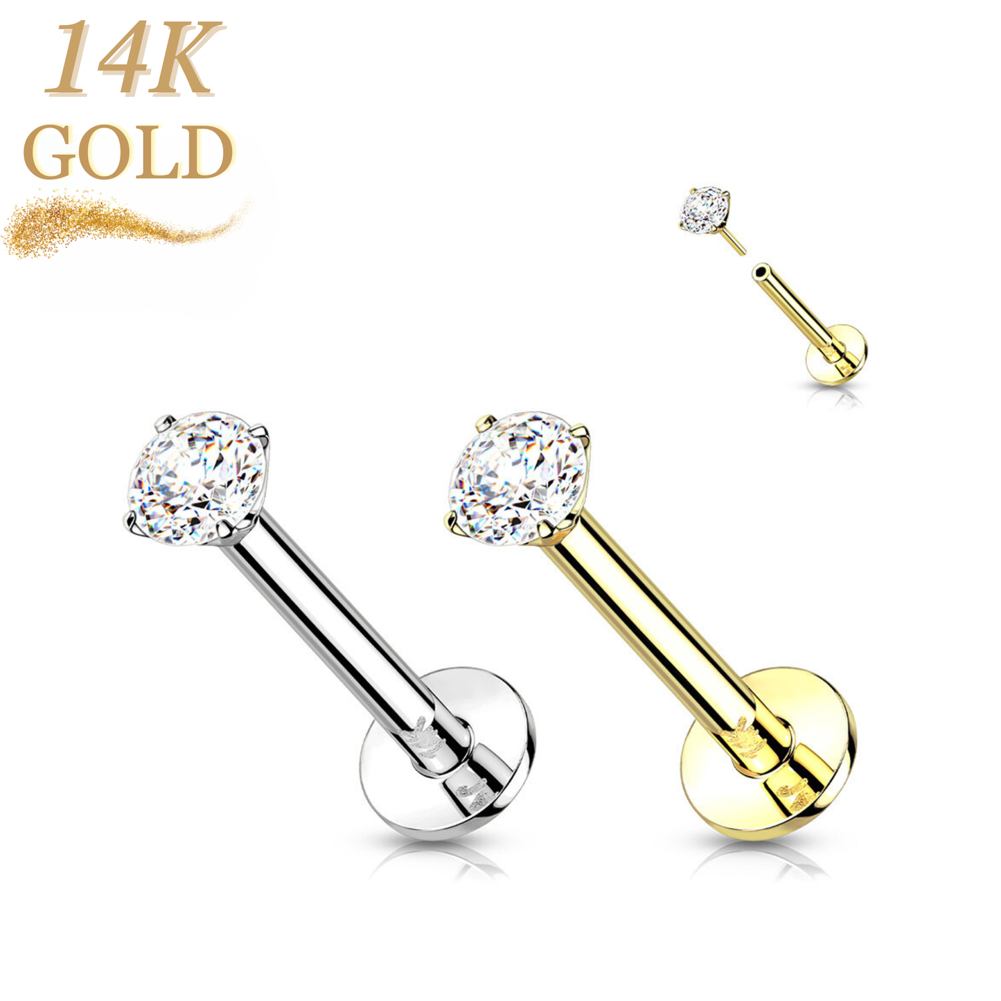 14K Gold Threadless Labret Combo with Prong CZ Top
