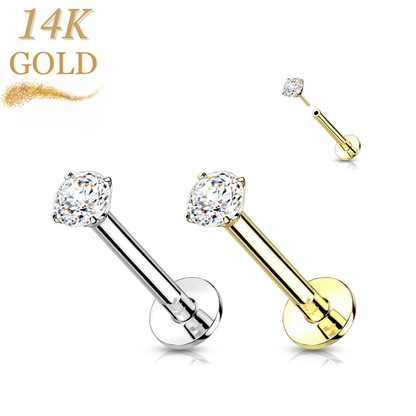 14K Gold Threadless Labret Combo with Prong CZ Top