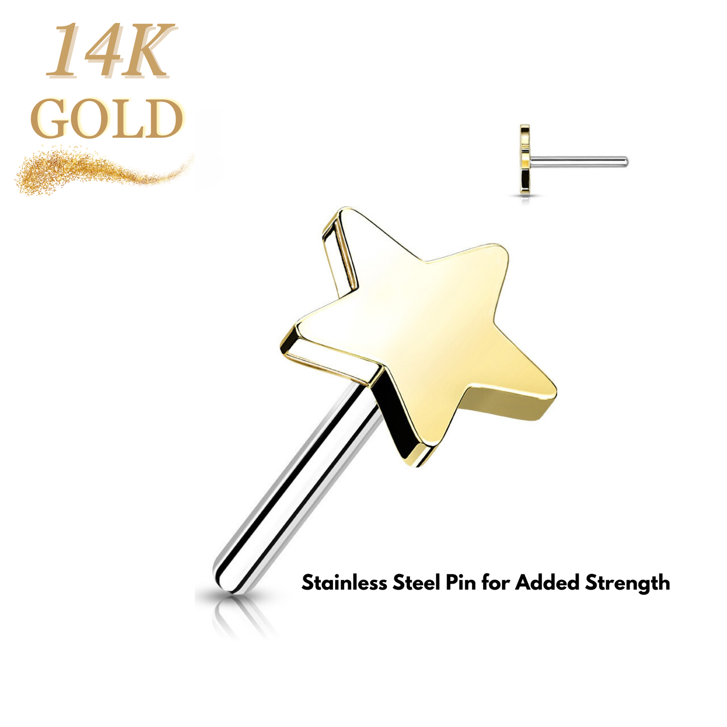 14K Solid Gold Threadless Push In Flat Star - Top Only
