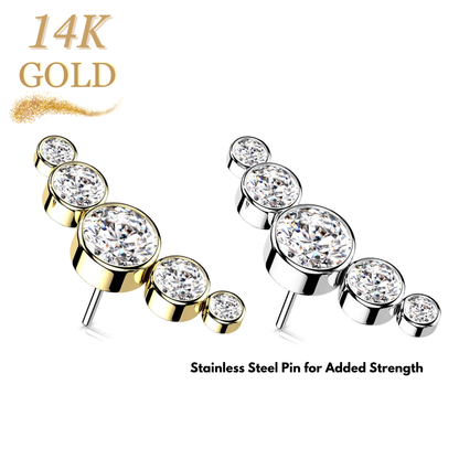 14K Gold Threadless Paved 5 CZ Bezel Set Curved (Top Only)