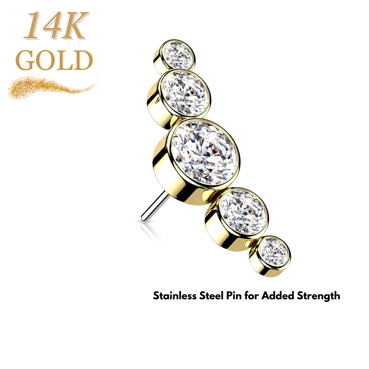 14K Gold Threadless Paved 5 CZ Bezel Set Curved (Top Only)