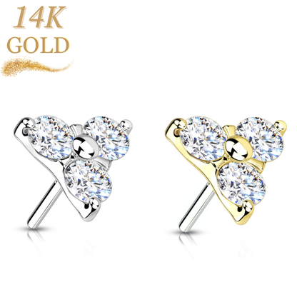 14K Gold 3 CZ Trinity Threadless Push in Top Only