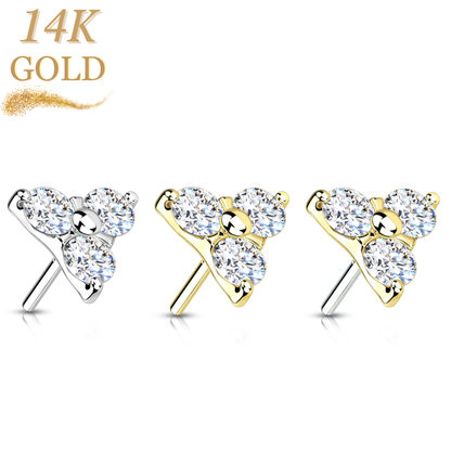 14K Gold 3 CZ Trinity Threadless Push in Top Only