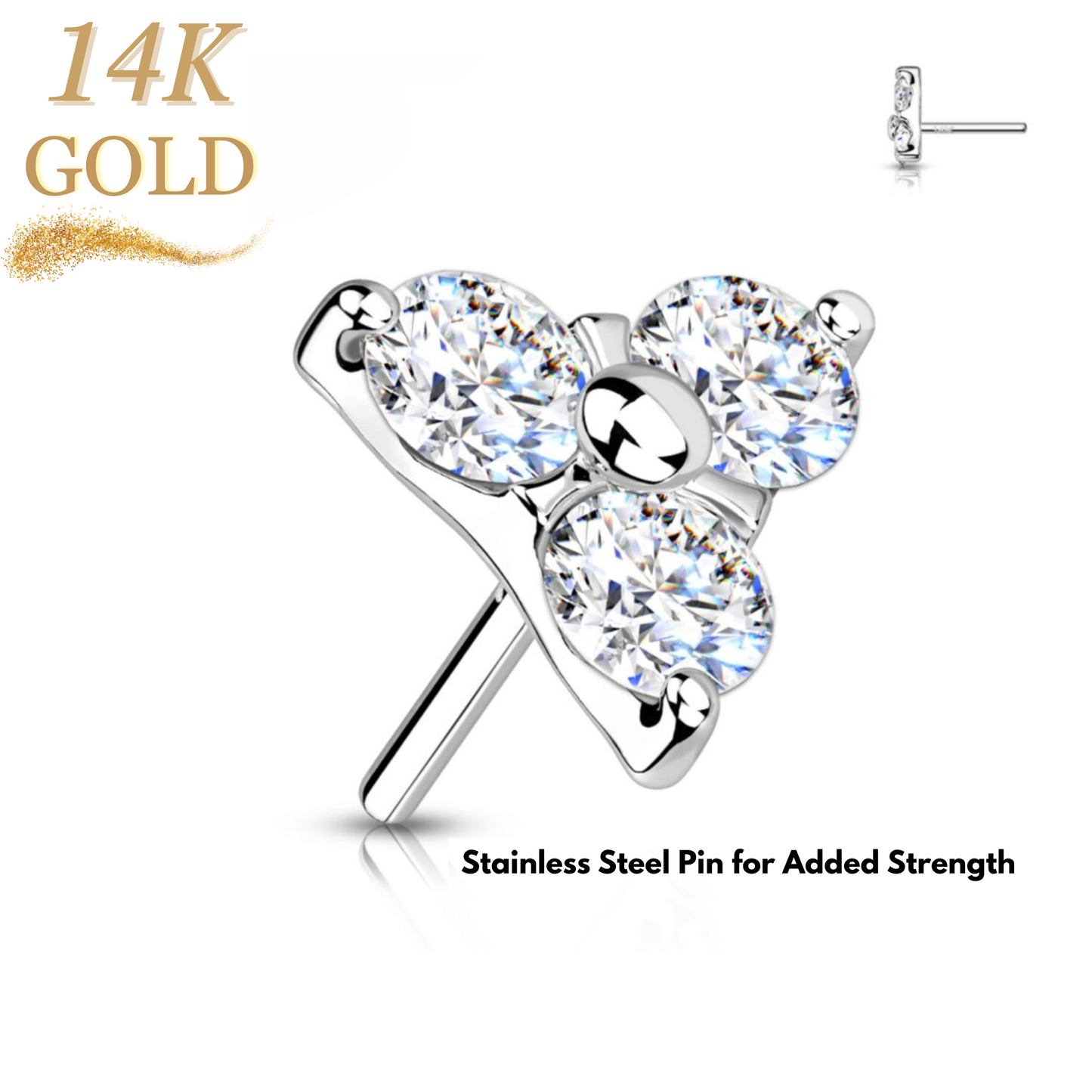 14K Gold 3 CZ Trinity Threadless Push in Top Only