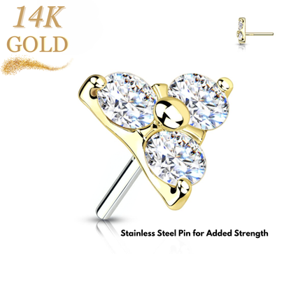 14K Gold 3 CZ Trinity Threadless Push in Top Only