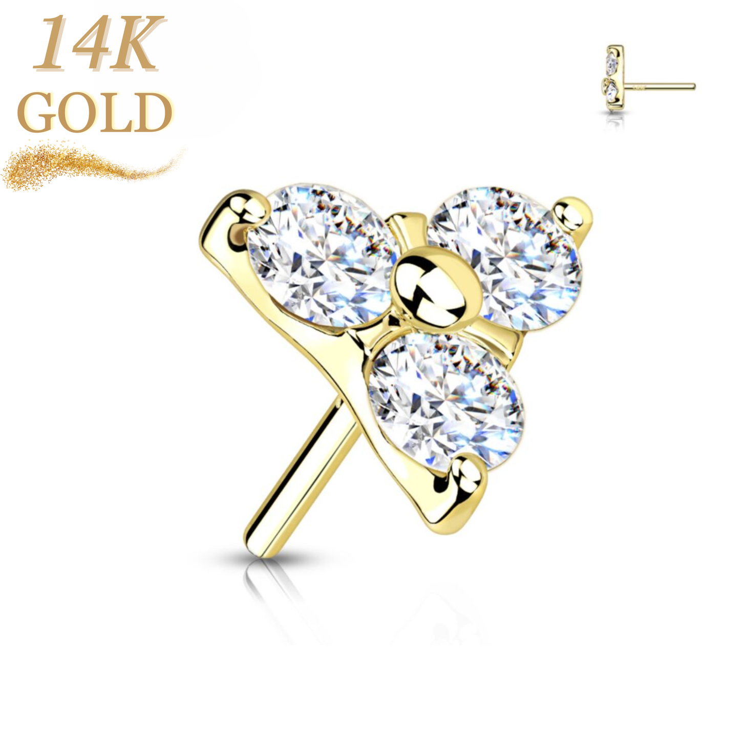 14K Gold 3 CZ Trinity Threadless Push in Top Only