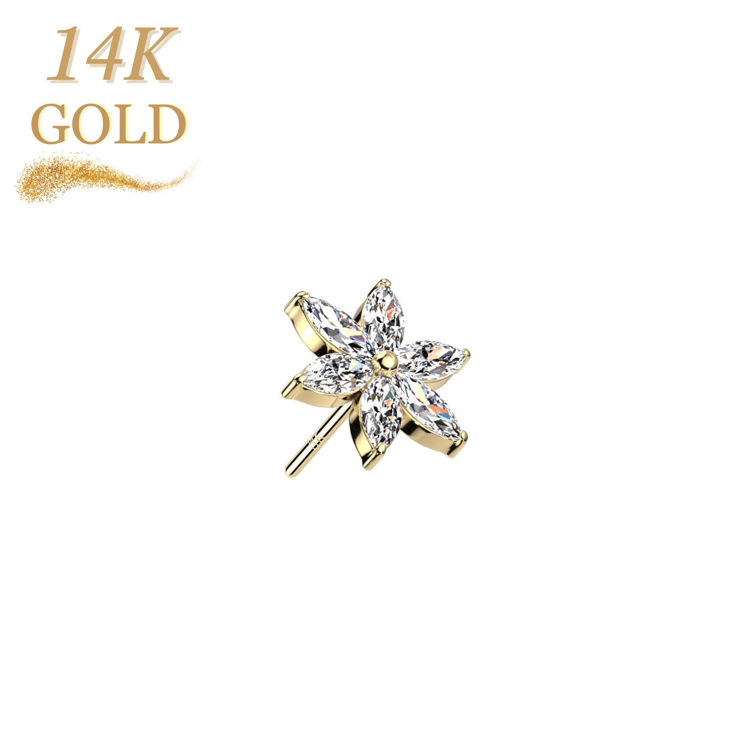 14K Gold 6 Marquise cz Petal Flower Threadless Push in Top Only