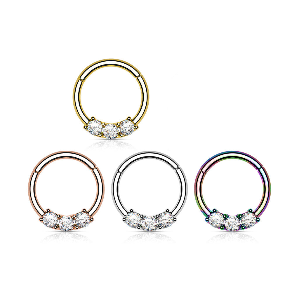 Surgical Steel Hinged Ring with Front Facing Prong Clasp 3 Gems ...