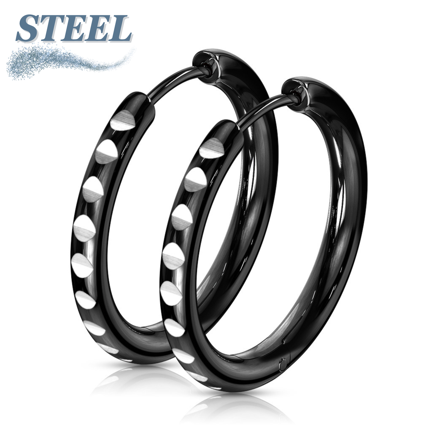 Round Cut Black Stainless Steel Hinge Hoop Earrings