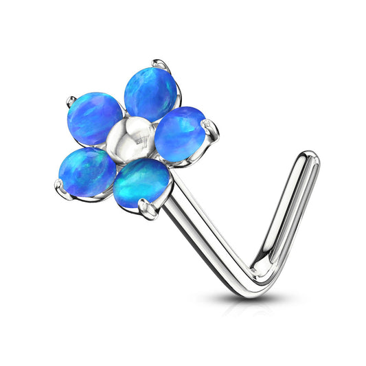 L Bend Surgical Steel Nostril Stud with 5 Petal Opal Flower