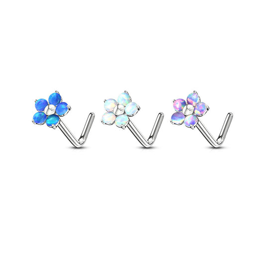 L Bend Surgical Steel Nostril Stud with 5 Petal Opal Flower