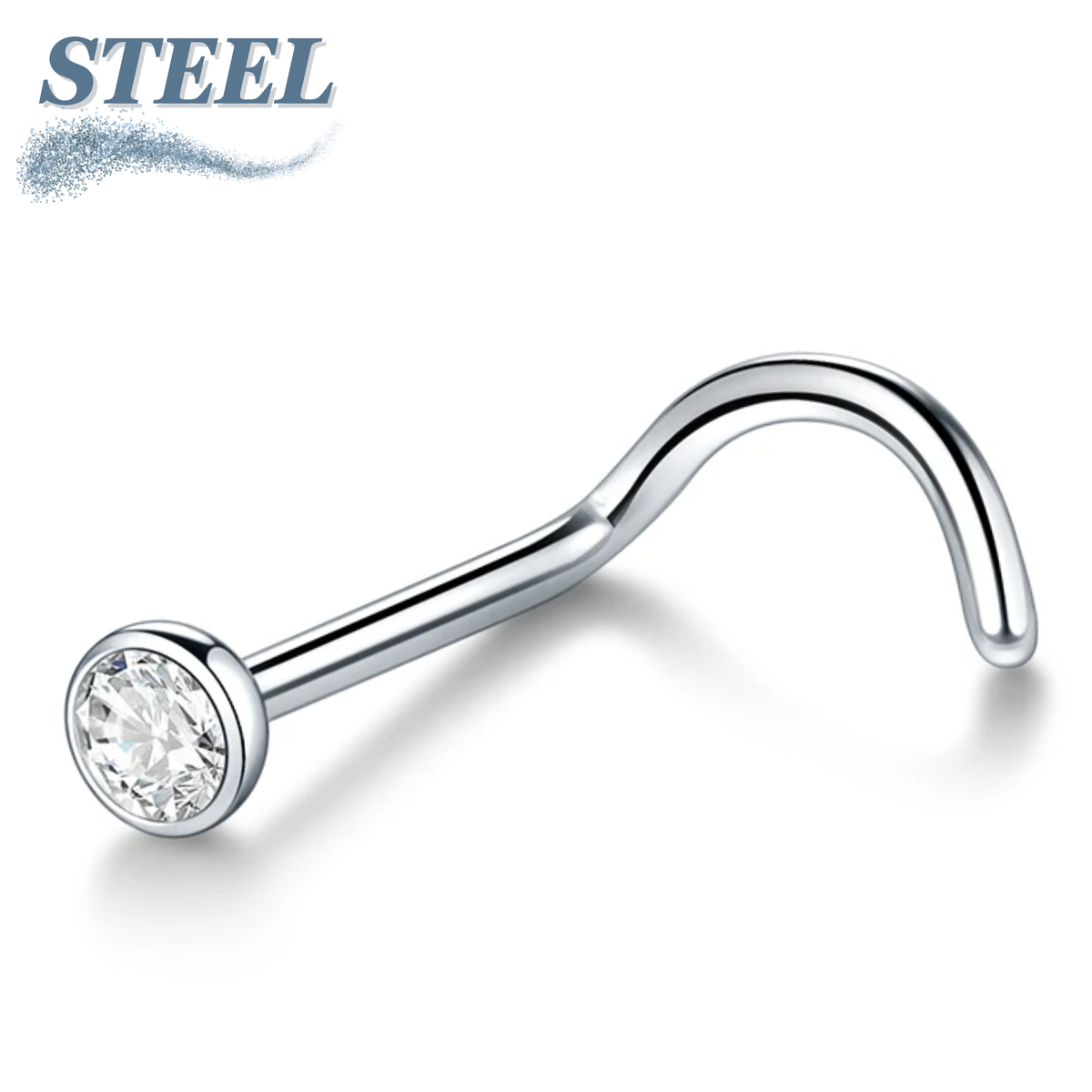 Surgical Steel Nostril Screw with 7mm Length 2mm Flat Bezel Crystal Top