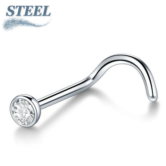 Surgical Steel Nostril Screw with 7mm Length 2mm Flat Bezel Crystal Top