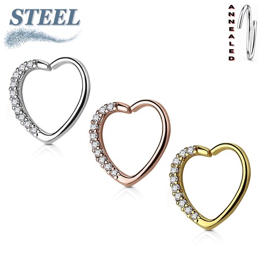 Surgical Steel & Brass Lined CZ Set Heart Left or Right Ear (Clearance)