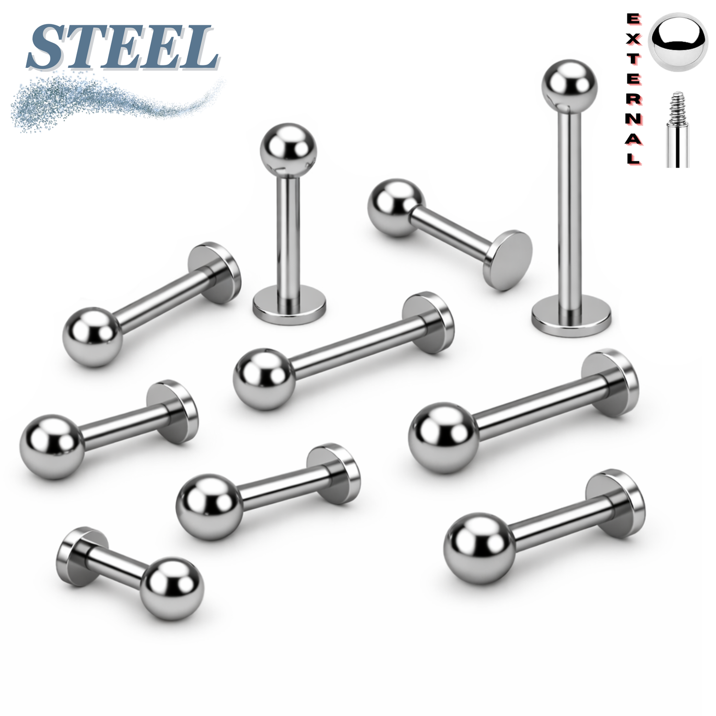 Surgical Steel Solid Ball Labret Studs External Thread