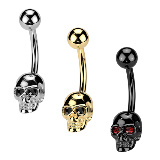 Skull Surgical Steel Belly Banana w/ Gem Eyes