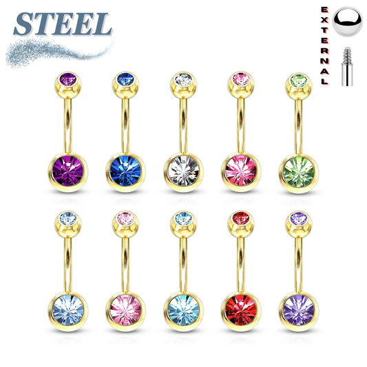 Gold Plated over Surgical Steel Double Jewel Belly Ring External Thread