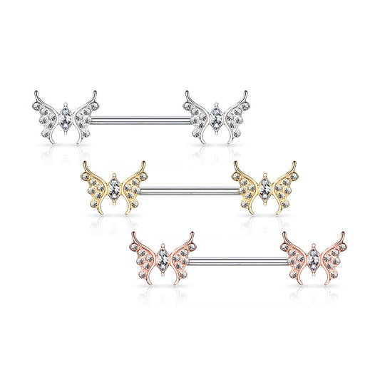 CZ Paved Butterfly Surgical Steel Nipple Barbell External Thread